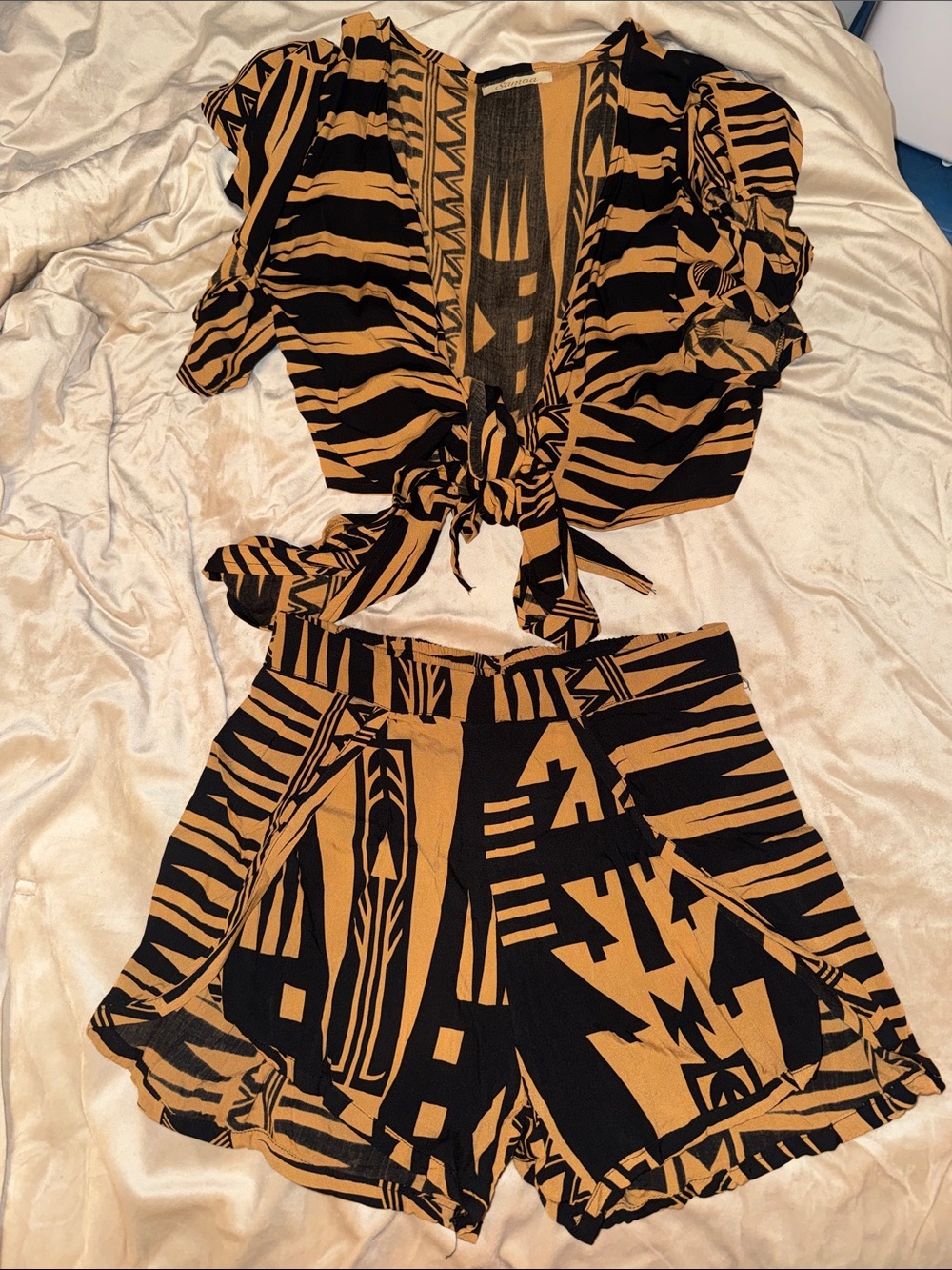 Black & Tan Tribal Print Tie-Front Crop Top + High-Waist Shorts Set